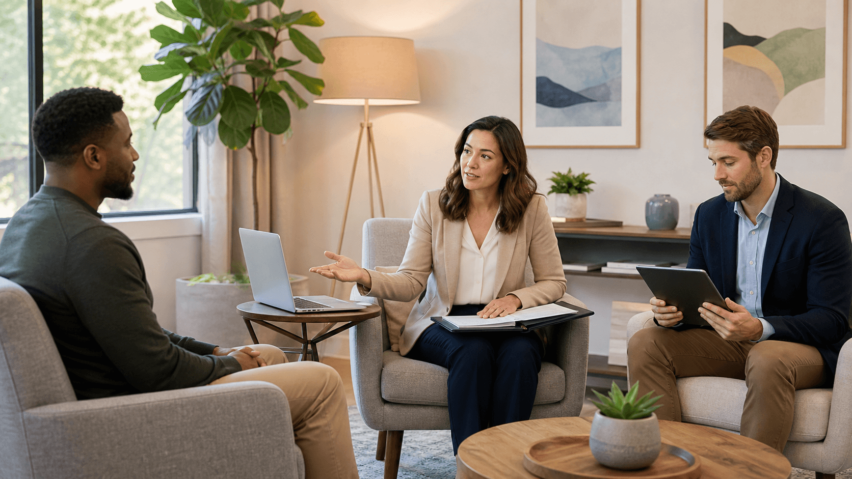 Therapist and client seated in a bright office, speaking across a desk with notepad and soft blue accents.