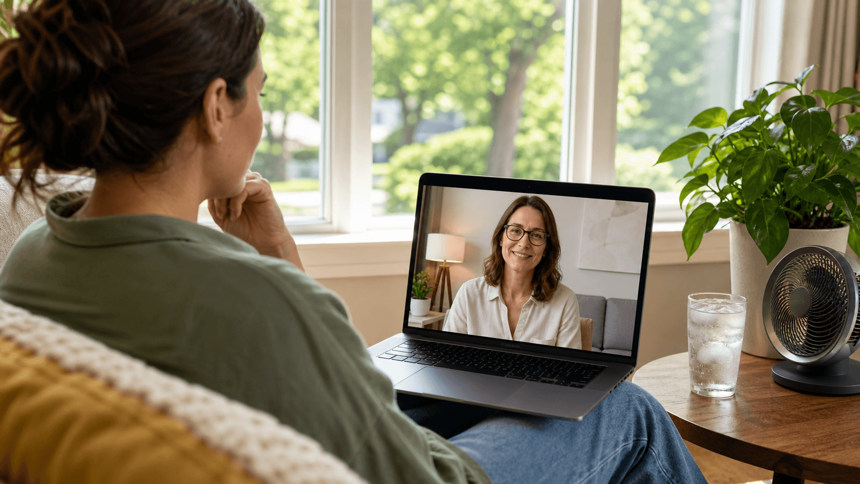 Laptop on a porch beside iced tea, showing a calm video call; sunny greenery and blue sky in the background.