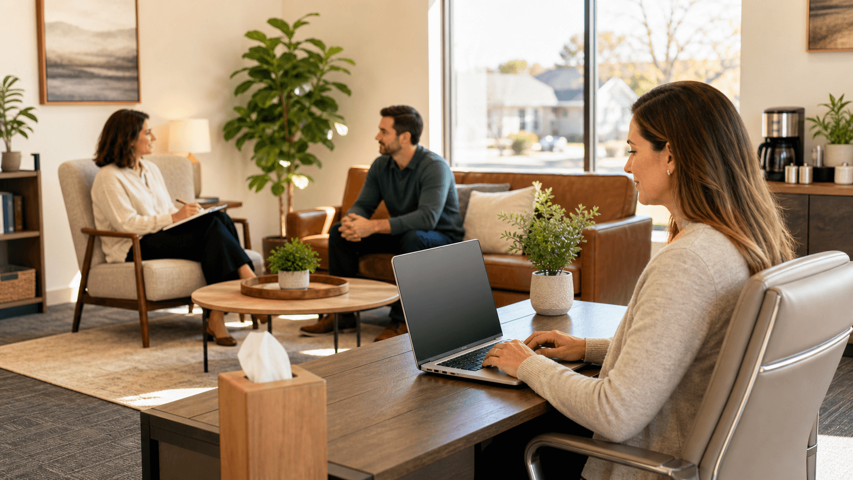 Split-screen laptop video call and therapy room chairs, blue-gray tones with soft light and clean modern layout